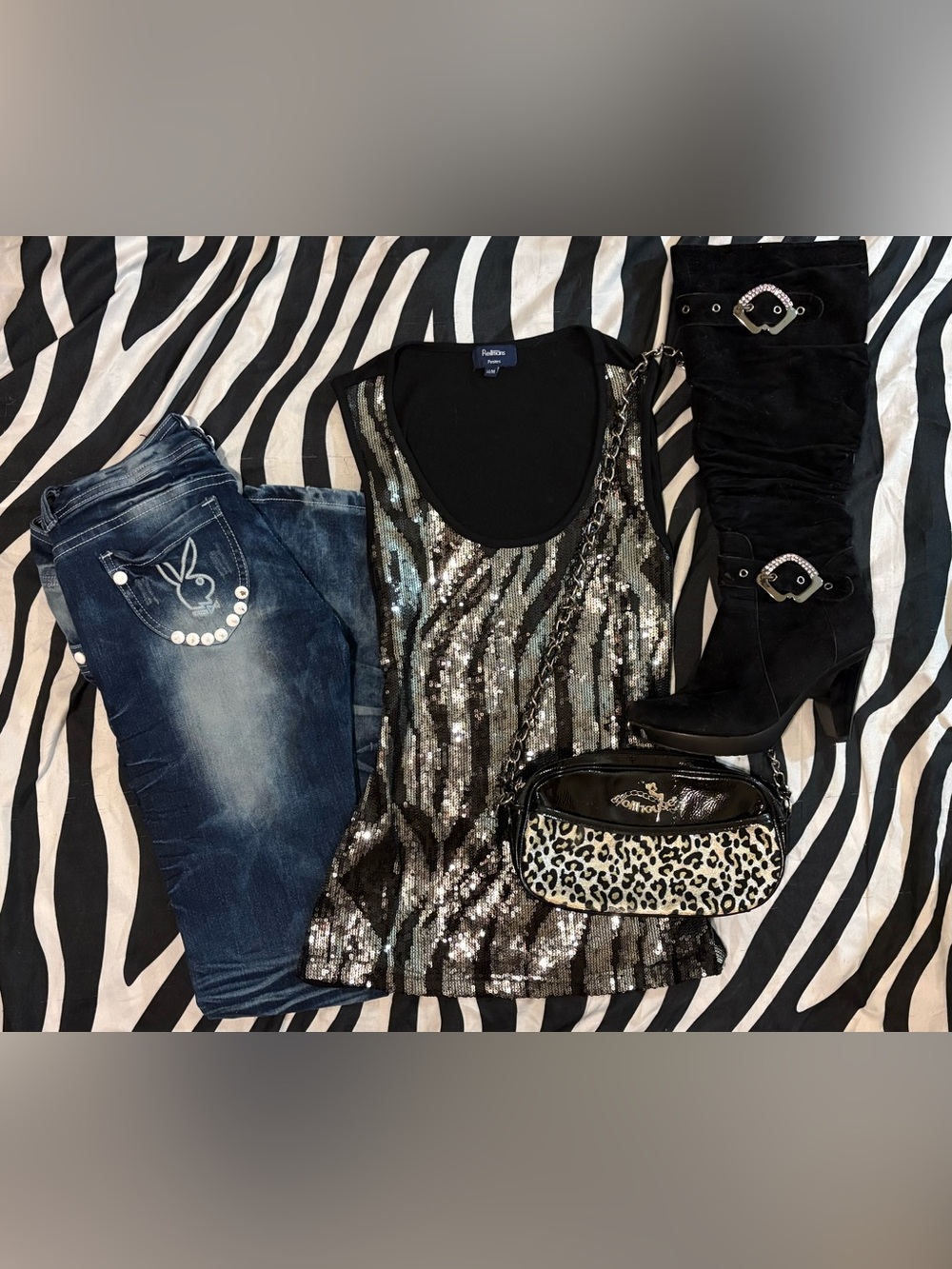 Y2K zebra print Women's Black and Silver Sequin Tank Top